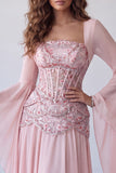 Vestito lungo elegante a maniche svasate rosa chiaro corsetto a linea A con paillettes