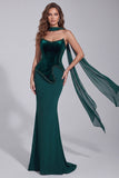 Abito formale corsetto senza spalline con perline di sirena verde scuro e sciarpa al collo