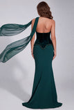 Abito formale corsetto senza spalline con perline di sirena verde scuro e sciarpa al collo