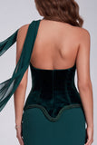 Abito formale corsetto senza spalline con perline di sirena verde scuro e sciarpa al collo