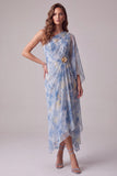 Vestito formale asimmetrico a guaina BLue con fiore 3D