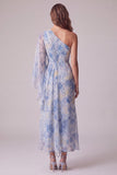 Vestito formale asimmetrico a guaina BLue con fiore 3D