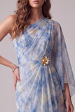 Vestito formale asimmetrico a guaina BLue con fiore 3D