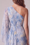Vestito formale asimmetrico a guaina BLue con fiore 3D