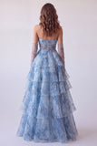 Corsetto blu polveroso a linea A con volant e abito da ballo lungo senza spalline