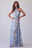 Abito lungo elegante a fiori con taglio a spalle blu e sciarpa al collo