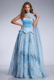 Corsetto A-Line azzurro cielo abito da cerimonia lungo senza spalline con mantello laterale