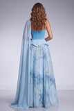 Corsetto A-Line azzurro cielo abito da cerimonia lungo senza spalline con mantello laterale