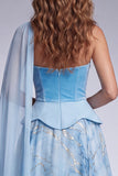 Corsetto A-Line azzurro cielo abito da cerimonia lungo senza spalline con mantello laterale