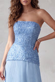 Abito formale a pieghe senza spalline 3D blu con strass