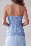 Abito formale a pieghe senza spalline 3D blu con strass