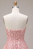 Vestito corto di ritorno a casa rosa A-Line 3D Sweetheart con volant