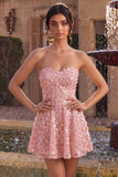 Vestito corto di ritorno a casa rosa A-Line 3D Sweetheart con volant