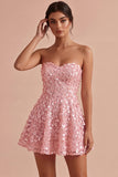 Vestito corto di ritorno a casa rosa A-Line 3D Sweetheart con volant