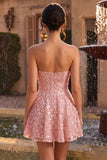 Vestito corto di ritorno a casa rosa A-Line 3D Sweetheart con volant