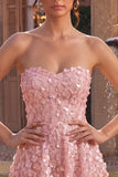 Vestito corto di ritorno a casa rosa A-Line 3D Sweetheart con volant