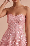 Vestito corto di ritorno a casa rosa A-Line 3D Sweetheart con volant