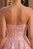Vestito corto di ritorno a casa rosa A-Line 3D Sweetheart con volant