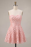 Vestito corto di ritorno a casa rosa A-Line 3D Sweetheart con volant