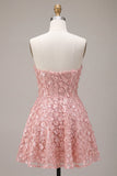 Vestito corto di ritorno a casa rosa A-Line 3D Sweetheart con volant