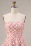 Vestito corto di ritorno a casa rosa A-Line 3D Sweetheart con volant