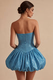 Abito di Homecoming con paillettes blu a linea A in forma scintillante, orlo a bolle, corto