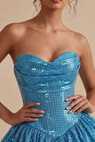 Abito di Homecoming con paillettes blu a linea A in forma scintillante, orlo a bolle, corto