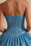 Abito di Homecoming con paillettes blu a linea A in forma scintillante, orlo a bolle, corto