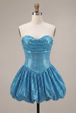 Abito di Homecoming con paillettes blu a linea A in forma scintillante, orlo a bolle, corto