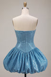 Abito di Homecoming con paillettes blu a linea A in forma scintillante, orlo a bolle, corto