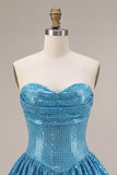 Abito di Homecoming con paillettes blu a linea A in forma scintillante, orlo a bolle, corto