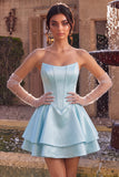 Abito di Homecoming in raso in raso corsetto a livelli a livelli con fianco basco blu senza spalline