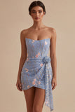 Corsetto bodycon blu senza spalline Ricamato a fiori Abito corto da ritorno a casa con fascia
