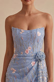 Corsetto bodycon blu senza spalline Ricamato a fiori Abito corto da ritorno a casa con fascia