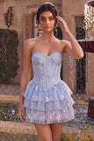 Corsetto blu A-Line senza spalline Fioreale a livelli a livelli in vita basca arricciata abito di homecoming