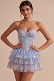 Corsetto blu A-Line senza spalline Fioreale a livelli a livelli in vita basca arricciata abito di homecoming
