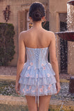 Corsetto blu A-Line senza spalline Fioreale a livelli a livelli in vita basca arricciata abito di homecoming