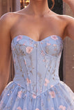 Corsetto blu A-Line senza spalline Fioreale a livelli a livelli in vita basca arricciata abito di homecoming