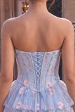Corsetto blu A-Line senza spalline Fioreale a livelli a livelli in vita basca arricciata abito di homecoming