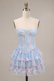 Corsetto blu A-Line senza spalline Fioreale a livelli a livelli in vita basca arricciata abito di homecoming