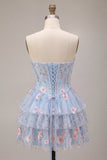 Corsetto blu A-Line senza spalline Fioreale a livelli a livelli in vita basca arricciata abito di homecoming
