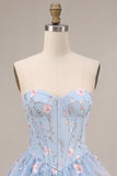 Corsetto blu A-Line senza spalline Fioreale a livelli a livelli in vita basca arricciata abito di homecoming