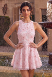 Abito rosa di Homecoming a a linea floreale con collo rotondo, perle con volant e perline