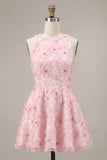 Abito rosa di Homecoming a a linea floreale con collo rotondo, perle con volant e perline