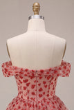 Corsetto rosso a fila a paillettes con la spalla scoperta, vestito di homecoming a livelli e volant