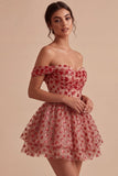 Corsetto rosso a fila a paillettes con la spalla scoperta, vestito di homecoming a livelli e volant