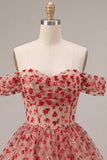 Corsetto rosso a fila a paillettes con la spalla scoperta, vestito di homecoming a livelli e volant