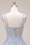 Corsetto trasparente blu A-line, orlo a bolle a flore con volant, abito corto di homecoming