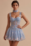 Corsetto trasparente blu A-line, orlo a bolle a flore con volant, abito corto di homecoming