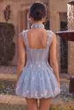 Corsetto trasparente blu A-line, orlo a bolle a flore con volant, abito corto di homecoming